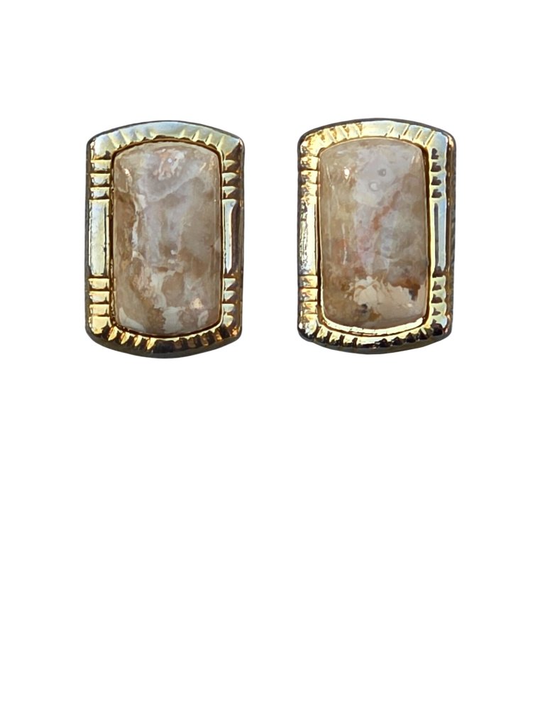 Vintage Gold-Toned Rectangular Stud Earrings With Marbled Beige Stone Accents